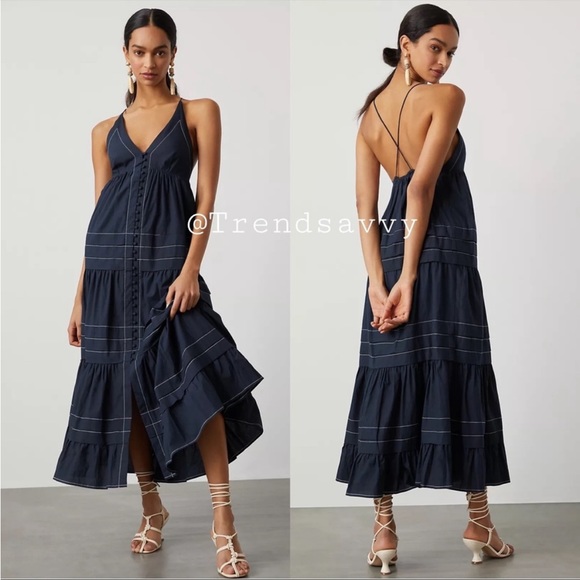 Anthropologie Dresses & Skirts - ANTHROPOLOGIE Deep V-Neck Maxi Dress Crossback Button Front Tiered Navy S NWT
